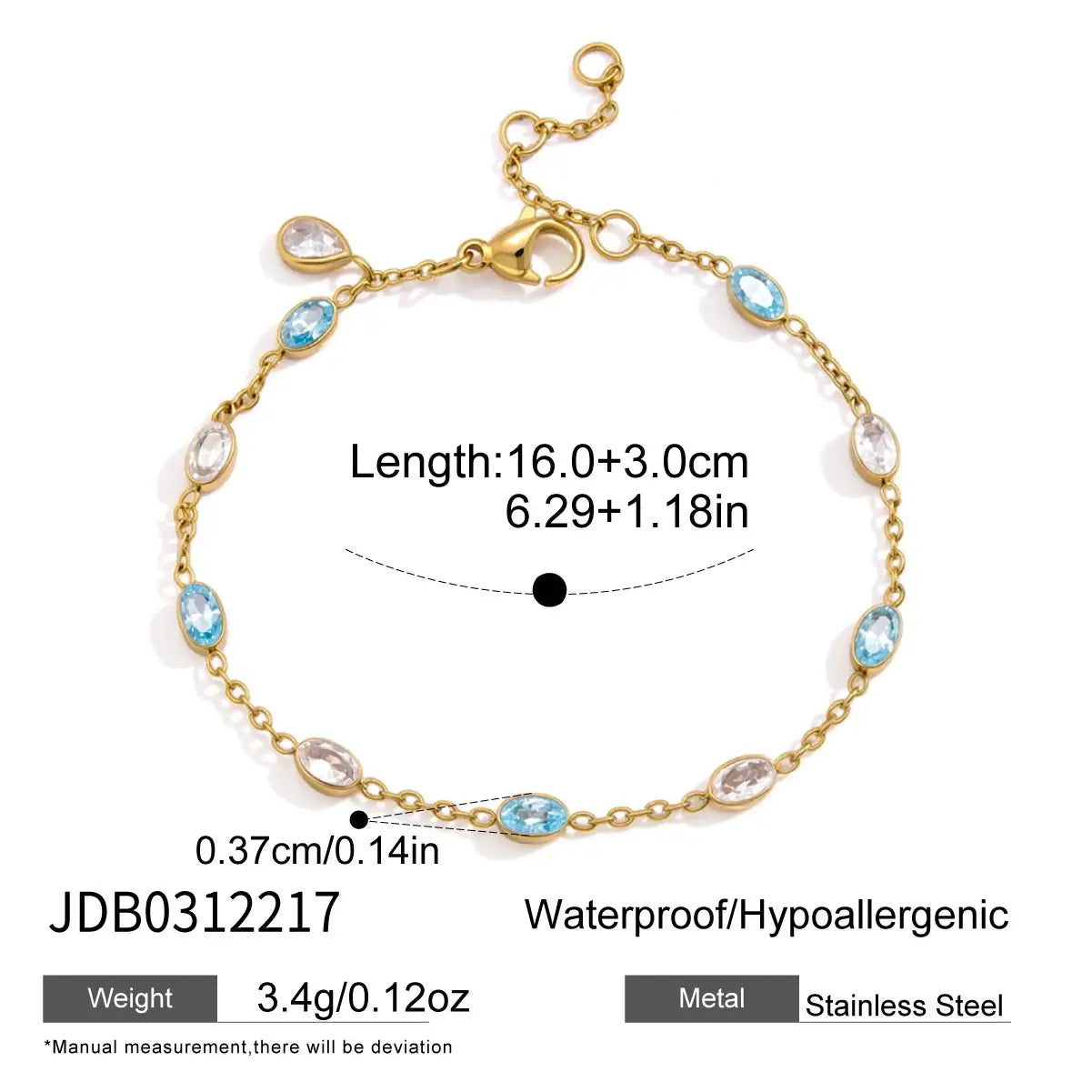 KIKA Delicate White Blue Geometric Droplet Shaped Zircon Bracelet PVD Gold Plated Stainless Steel 316L