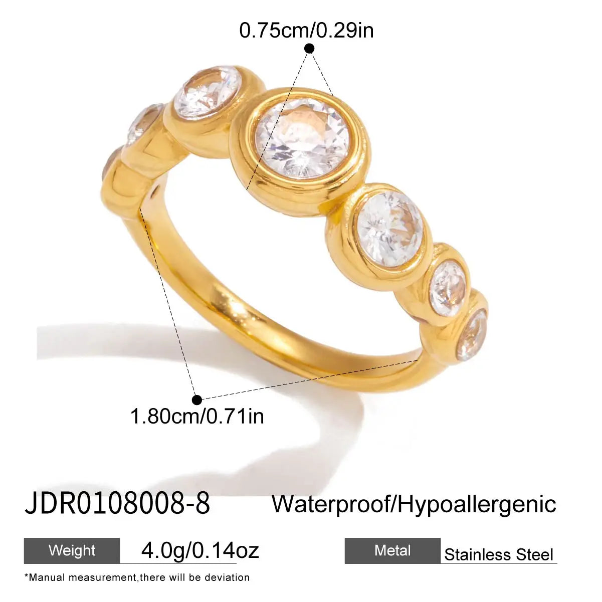 Simple Classic Round White Zircon Wave Ring 18K PVD Stainless Steel