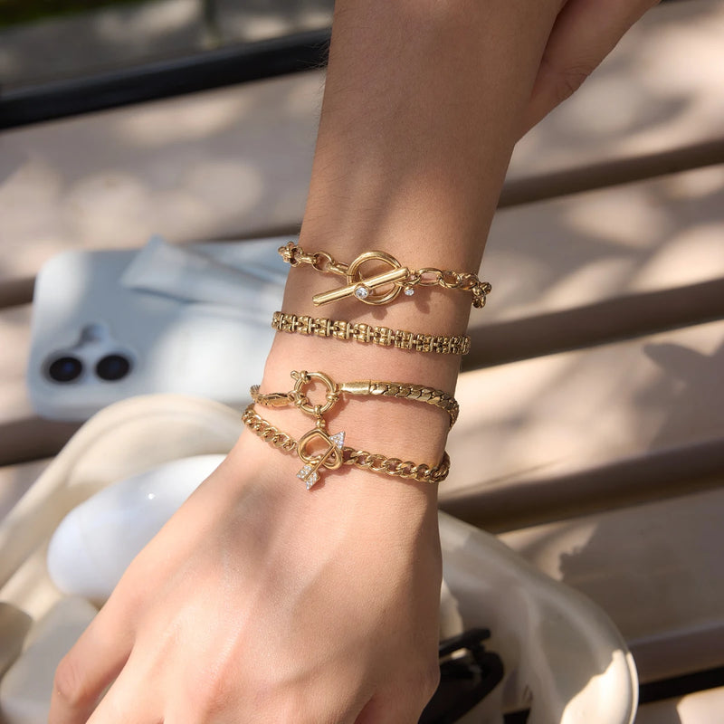 Kika Delicate White Rhinestone Arrow Heart OT Buckle Cuban Chain Layered Bracelets