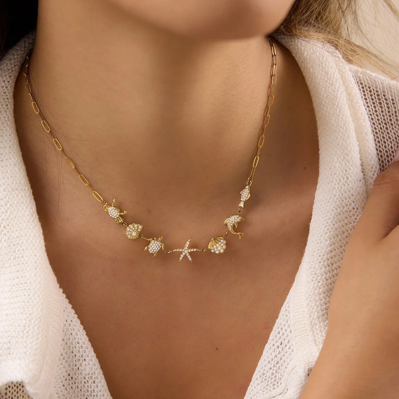 Kika White Rhinestone Crab Conch Starfish Paperclip Necklaces