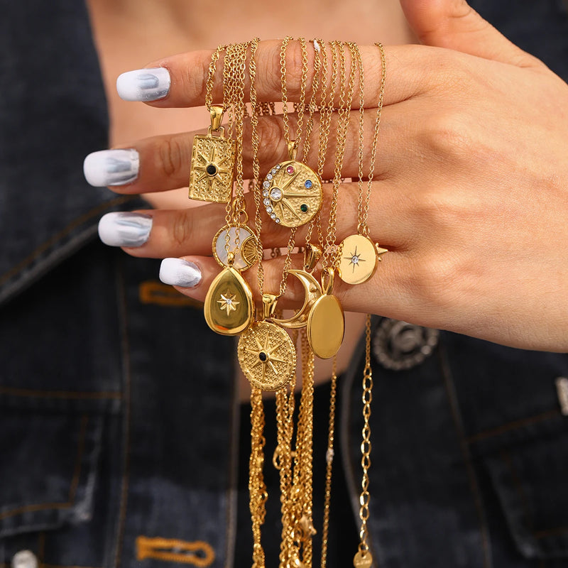 Dainty Moon Necklace Gold Color Sun With Opal Stone