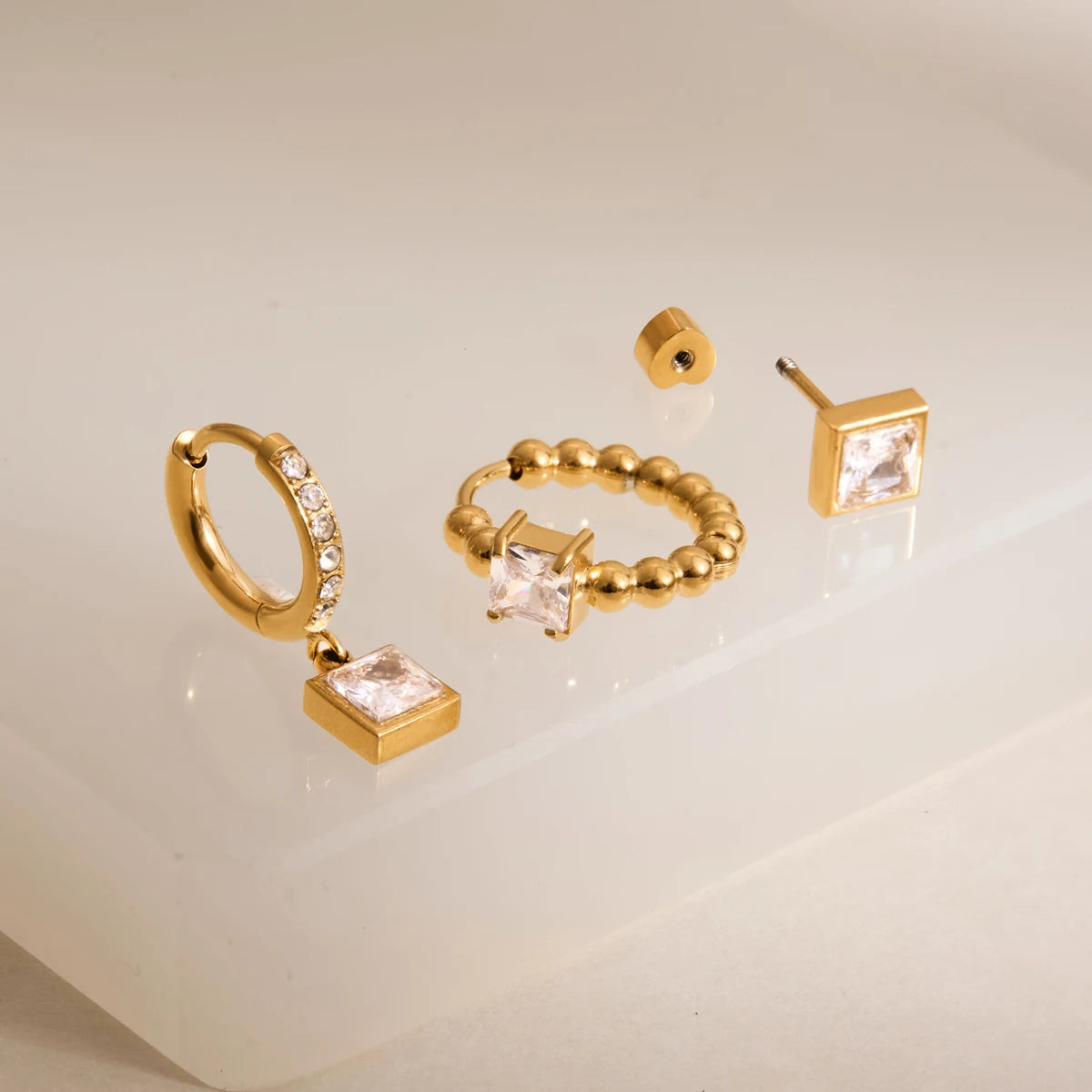 KIKA 3 Pcs/Set Square Zircon Earrings PVD Plated Stainless Steel 316L