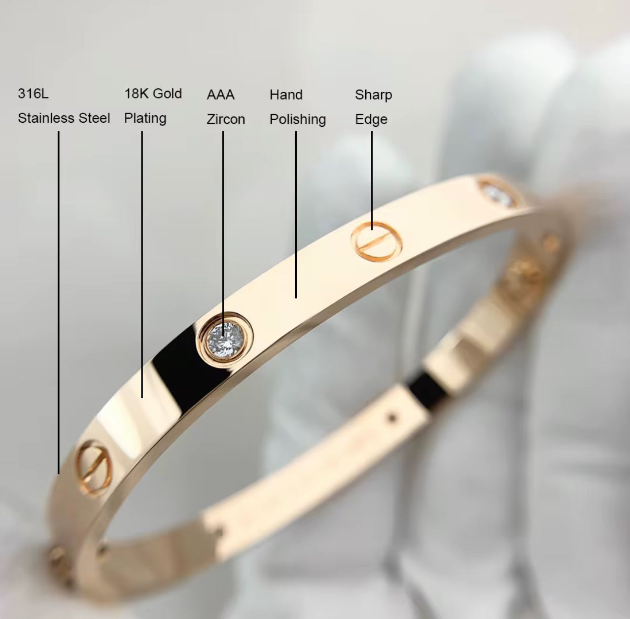 Kika 316L Stainless Steel Bracelets with 18K Gold Plated, Screw Design and Zircons