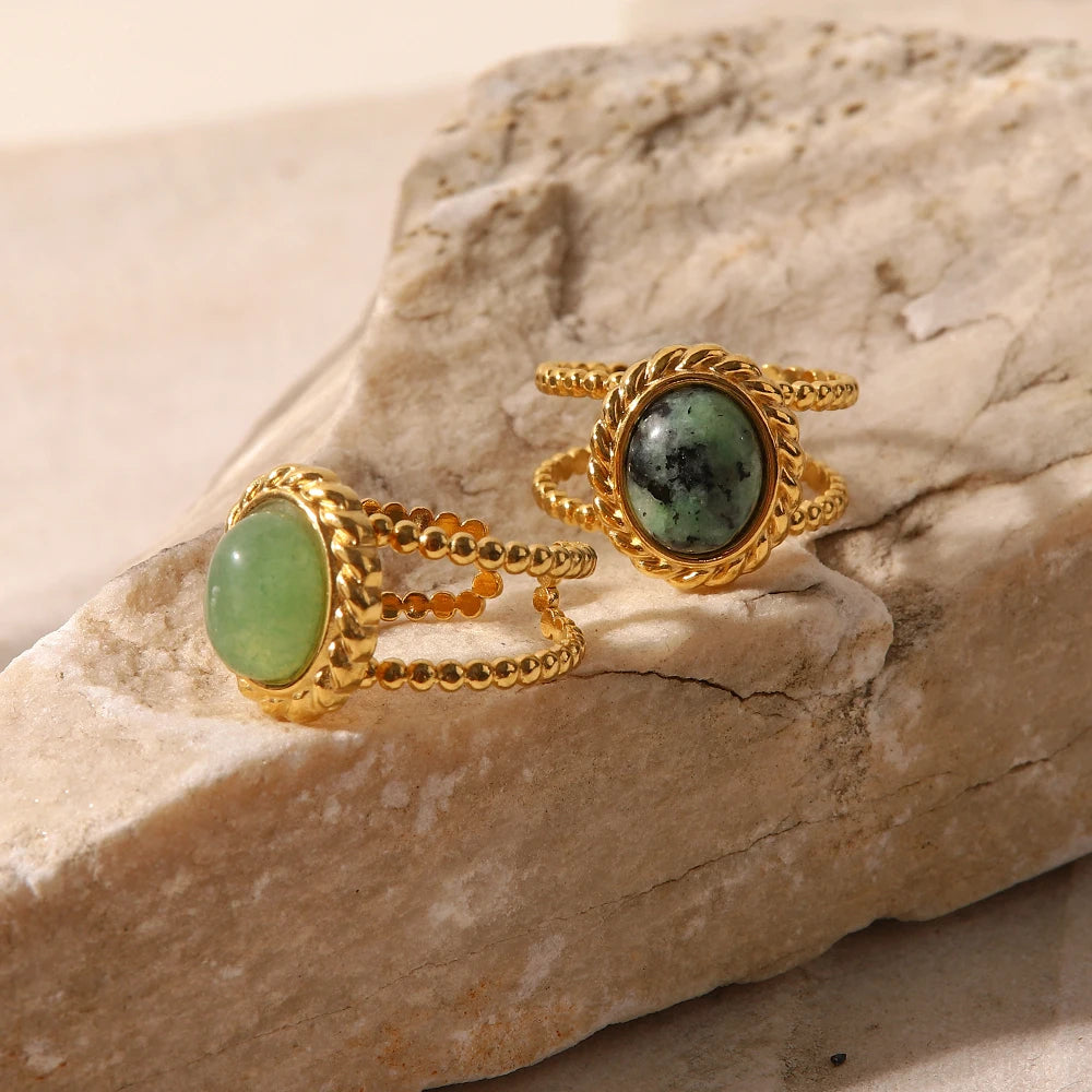 Kika Natural Stone African Turquoise Agate Rope Sun 18K Gold Plated Stainless Steel Opening Rings Anillos Acero Inoxidable