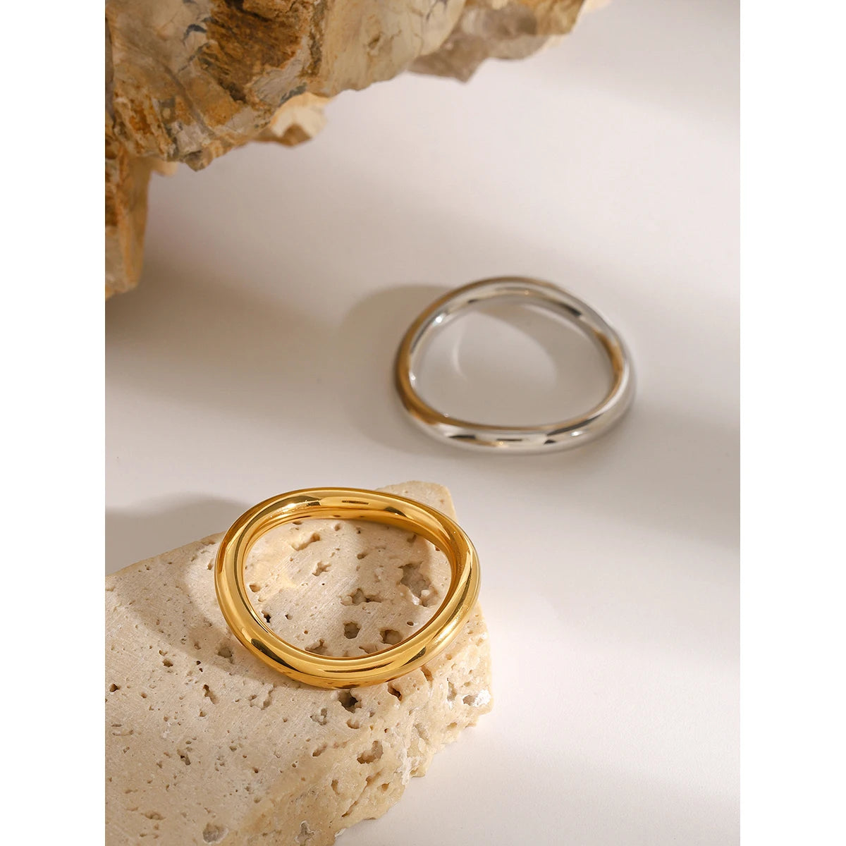Kika Minimalist Stainless Steel Silver Gold Color Mixed Matching Smooth Wave Ring Set Prevent Allergy Statement Fashion Jewelr