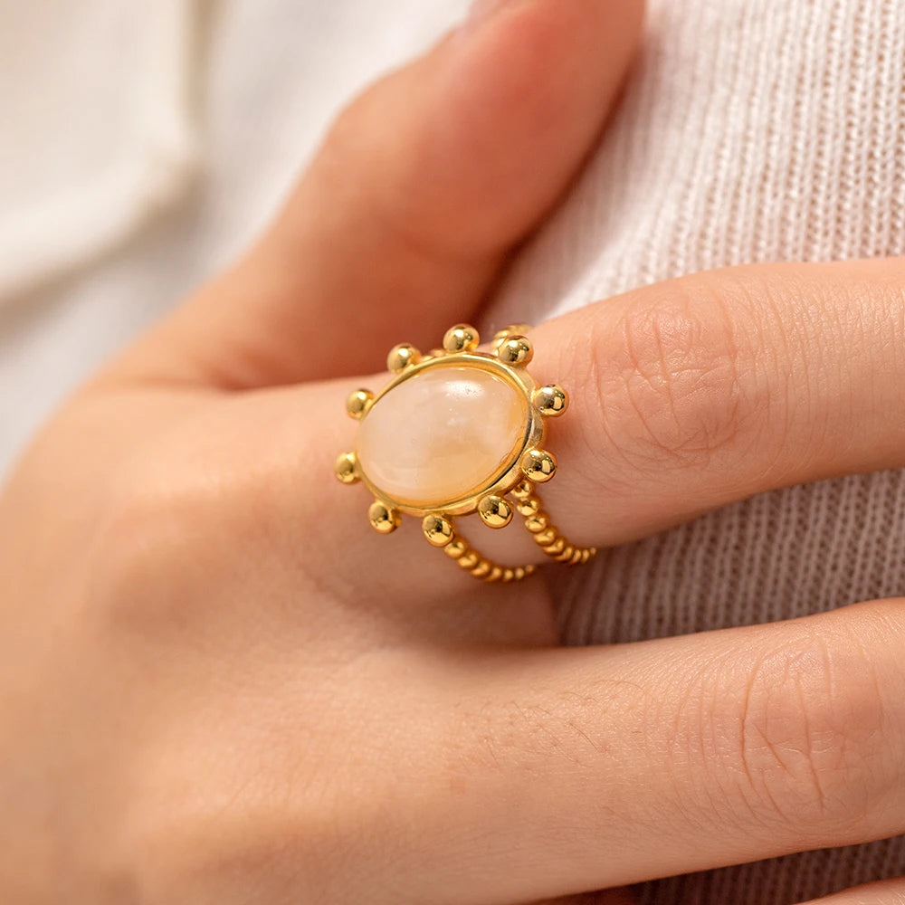 Kika Natural Stone Stainless Steel Gold Color Layered Hollow Open Ring Trendy Fashion France Chic Jewelry Envio Gratis Todo