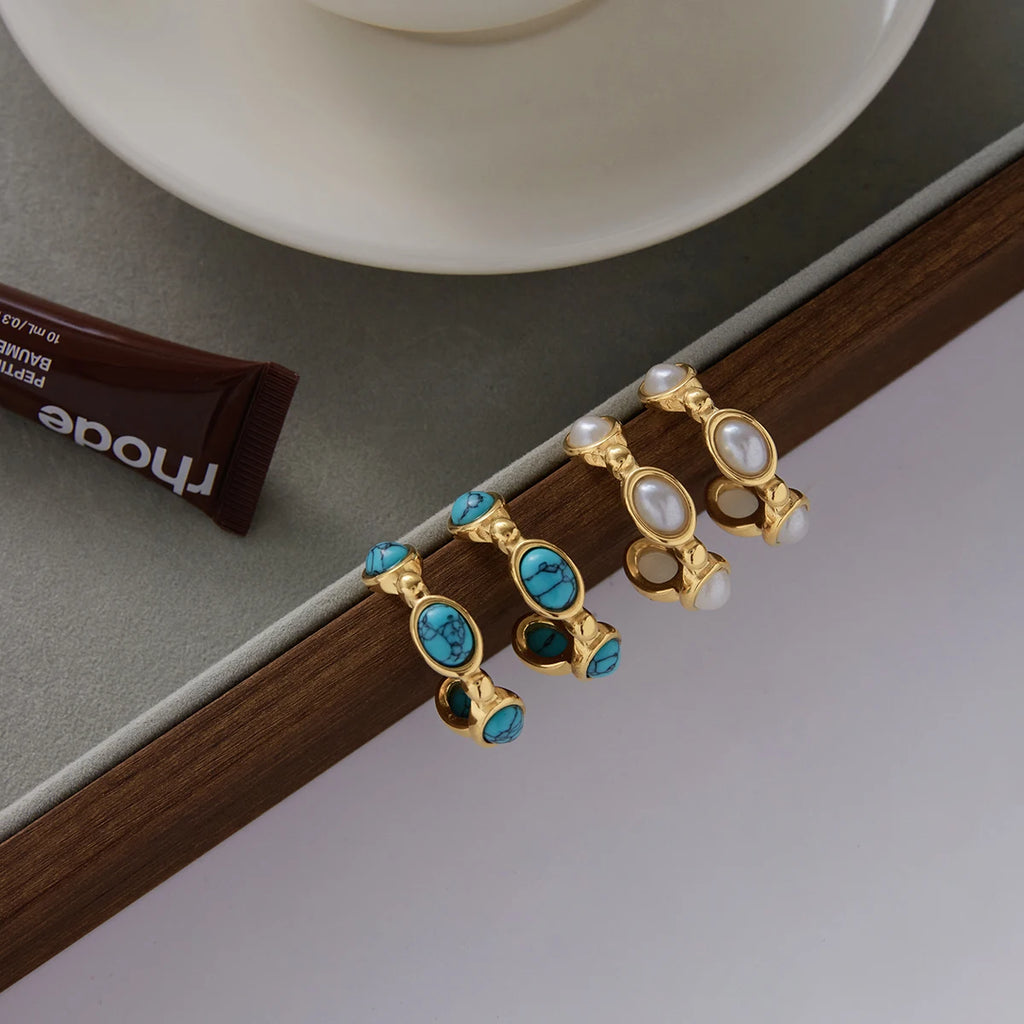 KIKA Classic Trendy 18K Gold Color PVD  Plated Blue Turquoise Pearl C-Shape Earrings Hypoallergenic Stainless Steel 316L