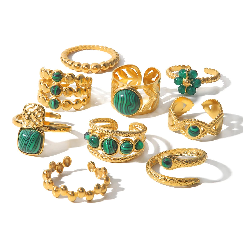 Kika Vintage 18K Gold Malachite Statement Open Ring WaterProof 18k PVD Gold Plated Stainless Steel bague femme acier inoxydabl