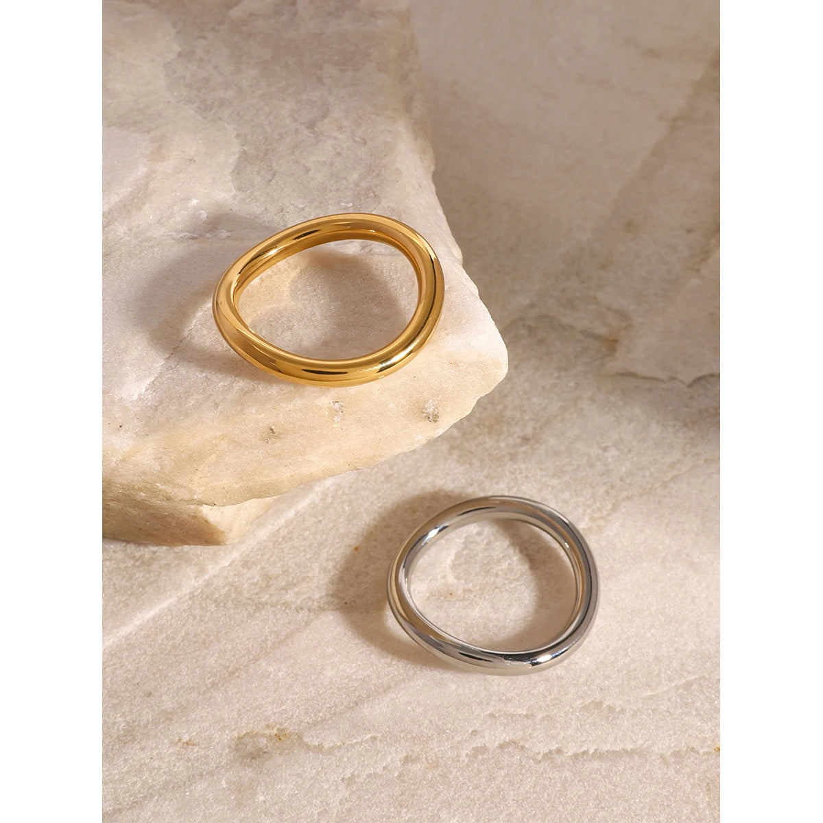 Kika Minimalist Stainless Steel Silver Gold Color Mixed Matching Smooth Wave Ring Set Prevent Allergy Statement Fashion Jewelr