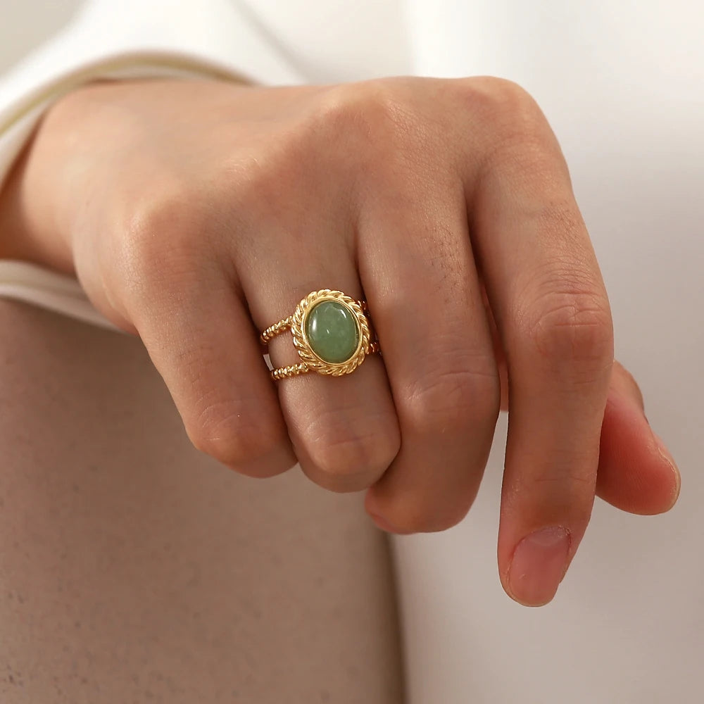 Kika Natural Stone African Turquoise Agate Rope Sun 18K Gold Plated Stainless Steel Opening Rings Anillos Acero Inoxidable