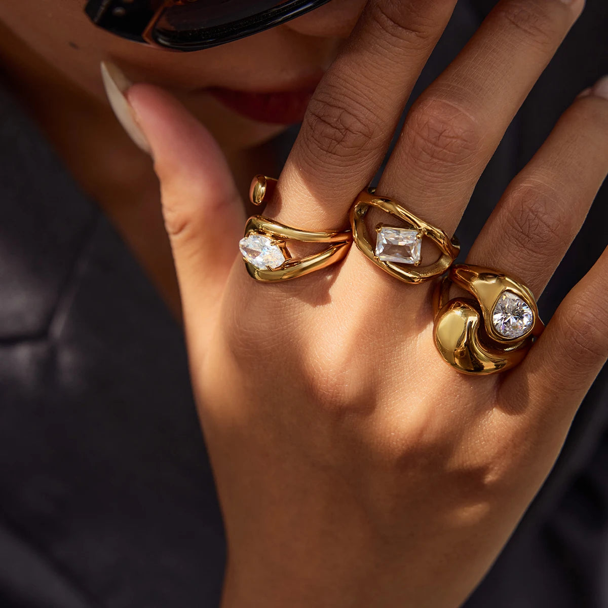 KIKA Shiny Cubic Stainless Steel Zircon Asymmetric Open Ring High-Grade Stainless Steel 18K Golden Plated Rust Proof Jewelry