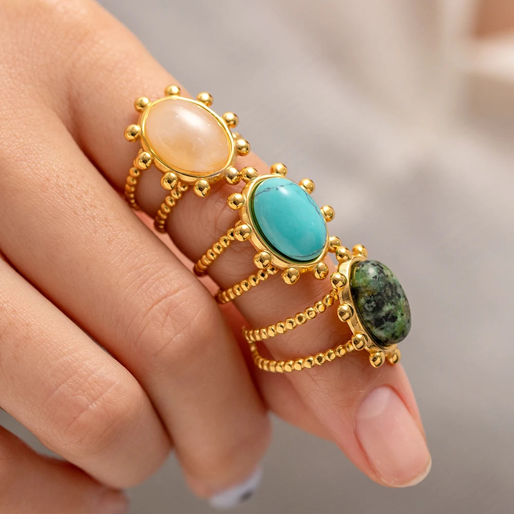 Kika Natural Stone Stainless Steel Gold Color Layered Hollow Open Ring Trendy Fashion France Chic Jewelry Envio Gratis Todo