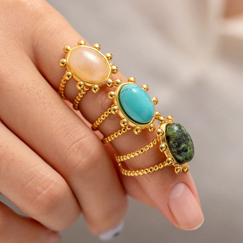 Kika Natural Stone Stainless Steel Gold Color Layered Hollow Open Ring Trendy Fashion France Chic Jewelry Envio Gratis Todo