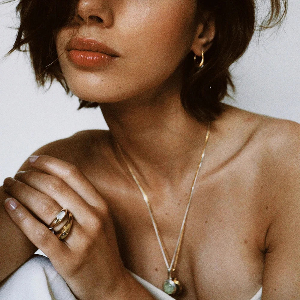 KIKA Unique Natural Stone Green Stainless Steel France Metal Golden  Ring Waterproof Charm Trendy Jewelry Women