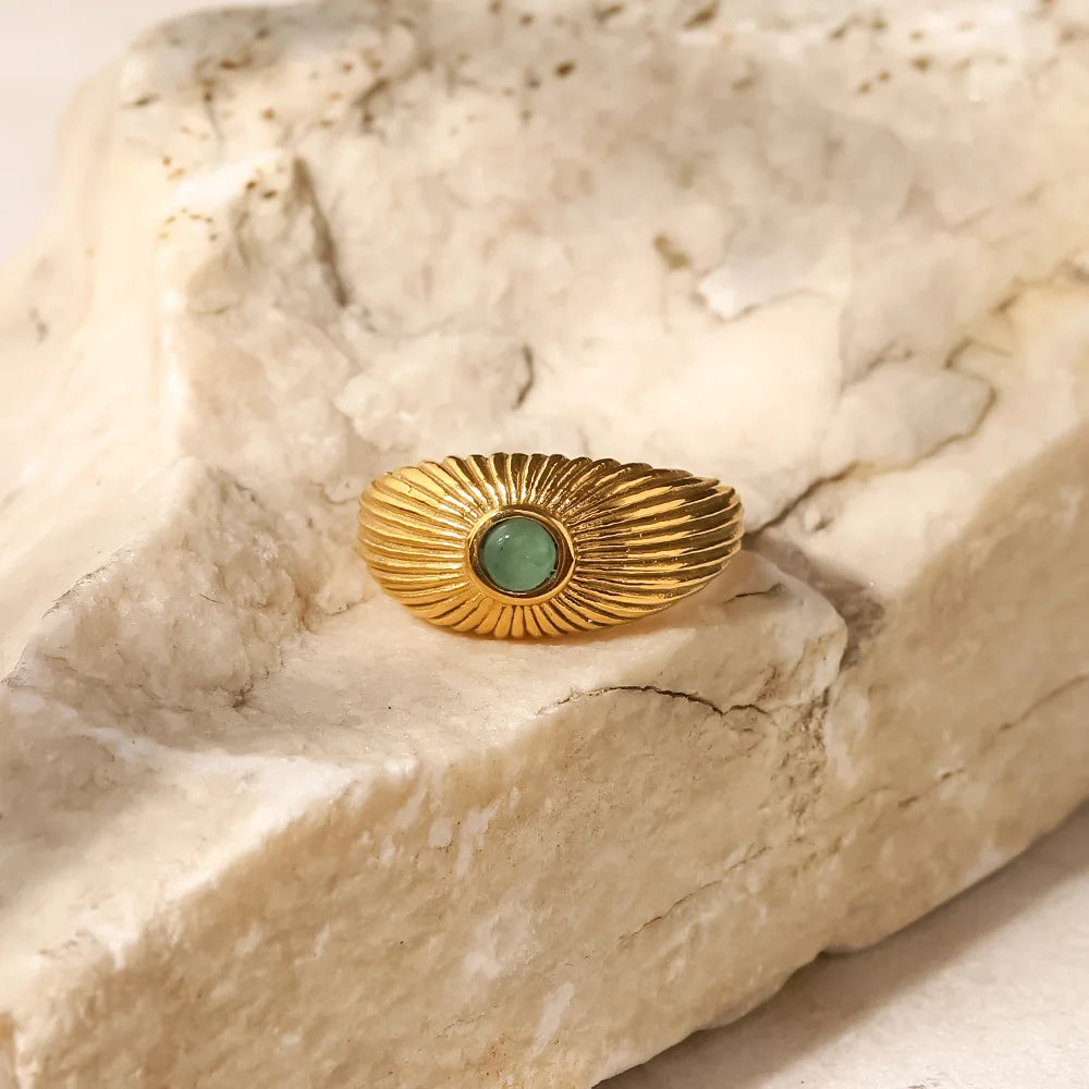 Kika Water Proof Natural Green Stone Opening Ring Stainless Steel