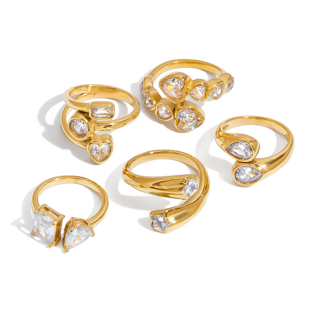KIKA Shiny Cubic Stainless Steel Zircon Asymmetric Open Ring High-Grade Stainless Steel 18K Golden Plated Rust Proof Jewelry