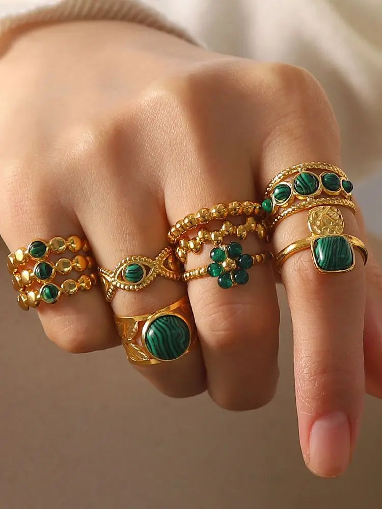 Kika Vintage 18K Gold Malachite Statement Open Ring WaterProof 18k PVD Gold Plated Stainless Steel bague femme acier inoxydabl