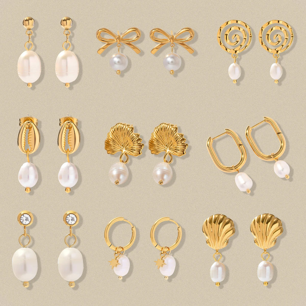 KIKA 316L Stainless Steel 316L Natural Pearl Hoop Earrings Trendy Metalic Golden Geometric