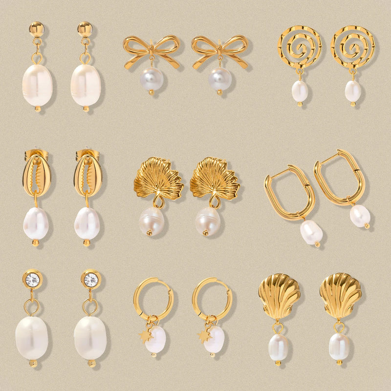KIKA 316L Stainless Steel 316L Natural Pearl Hoop Earrings Trendy Metalic Golden Geometric