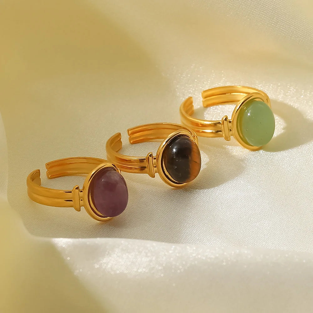 Kika Water Proof Stainless Steel Natural Amethyst Stone Circle Cutout Open Ring for Women 2022 Charm Fashion Jewelry Gift