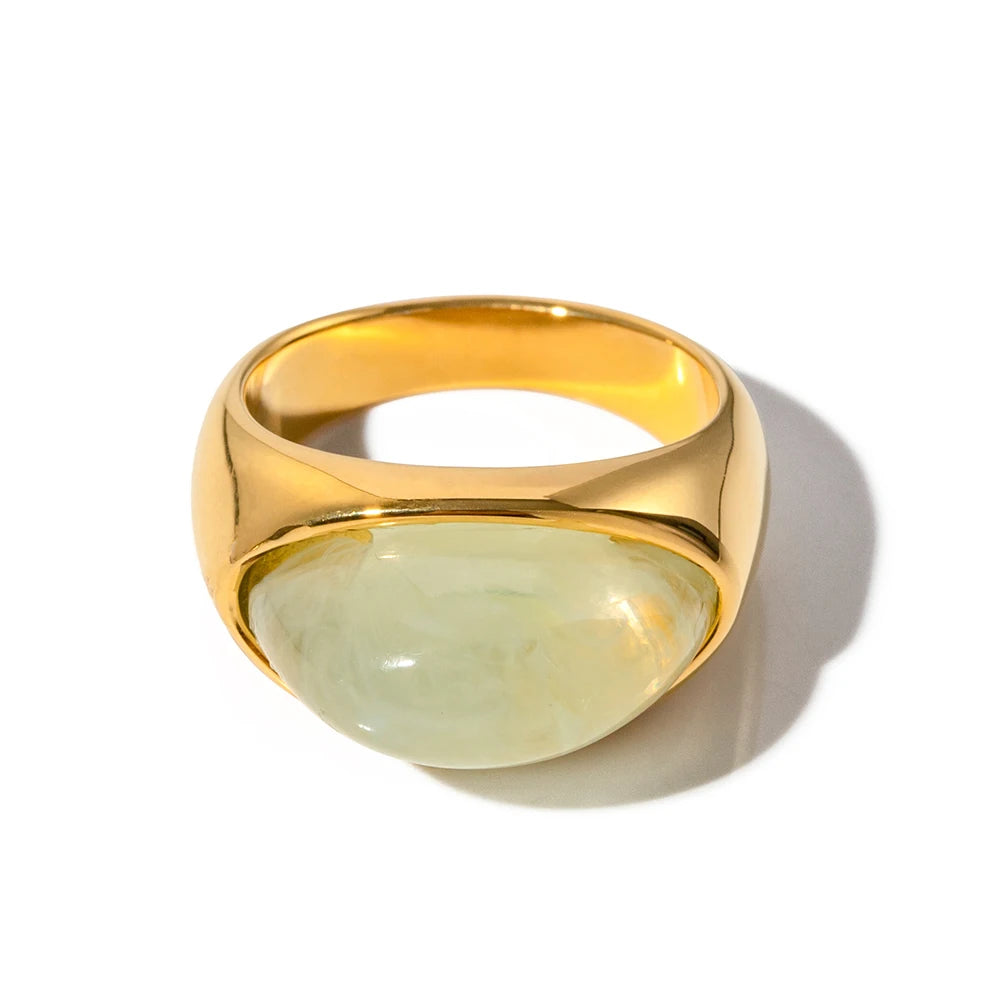 KIKA Unique Natural Stone Green Stainless Steel France Metal Golden  Ring Waterproof Charm Trendy Jewelry Women