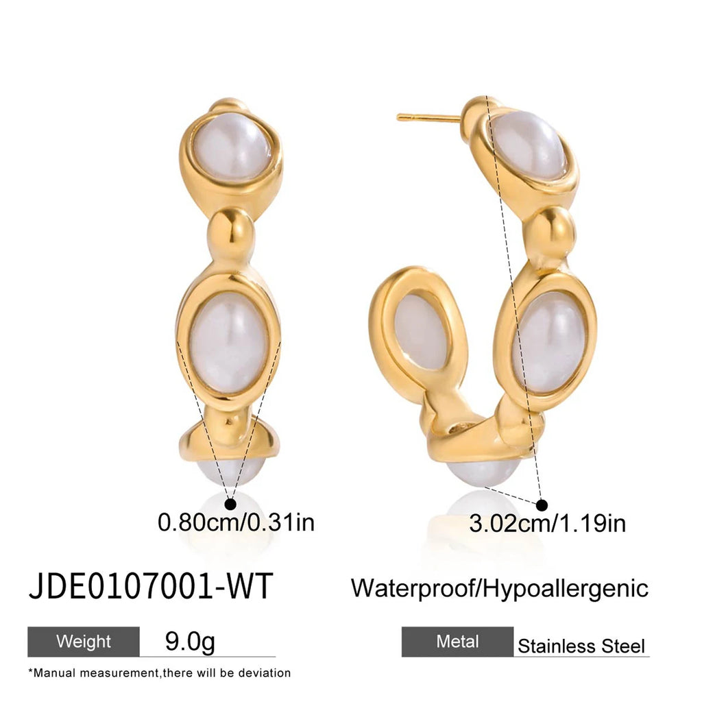 KIKA Classic Trendy 18K Gold Color PVD  Plated Blue Turquoise Pearl C-Shape Earrings Hypoallergenic Stainless Steel 316L