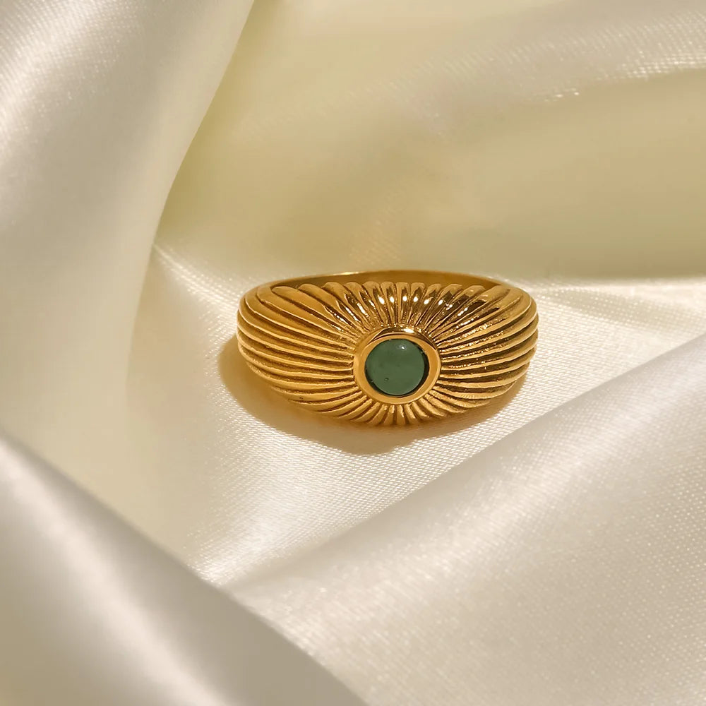 Kika Water Proof Natural Green Stone Opening Ring Stainless Steel