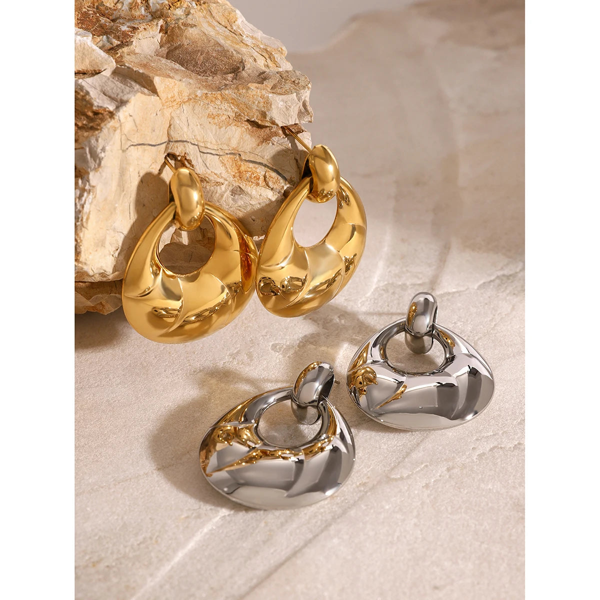 KIKA Chunky Ribbed Hoops by Caitlyn Minimalist Statement Oval Hoop Croissant Earrings Gold & Silver Color