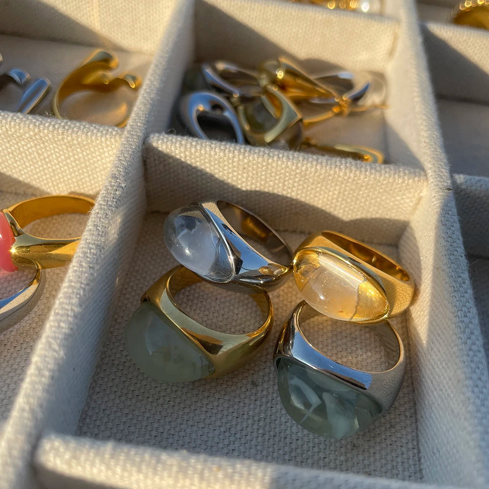 KIKA Unique Natural Stone Green Stainless Steel France Metal Golden  Ring Waterproof Charm Trendy Jewelry Women