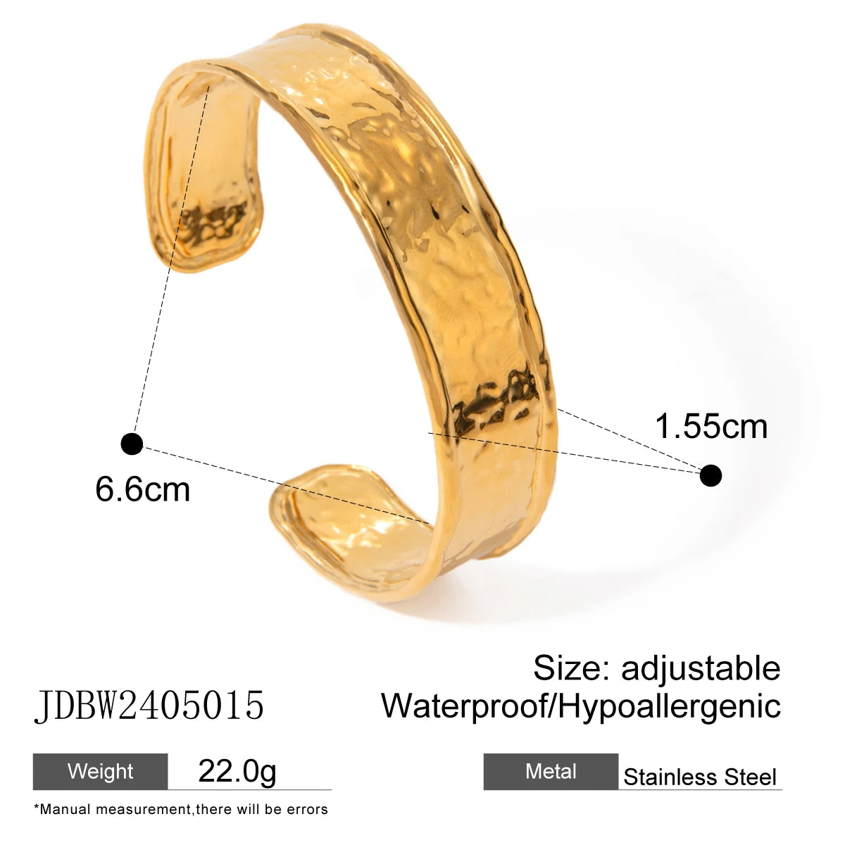 KIKAWaterproof 316L Stainless Steel Metal Wide Cuff Bracelet Bangle Jewelry Fashion Texture 18K PVD Plated Temperament Bijoux