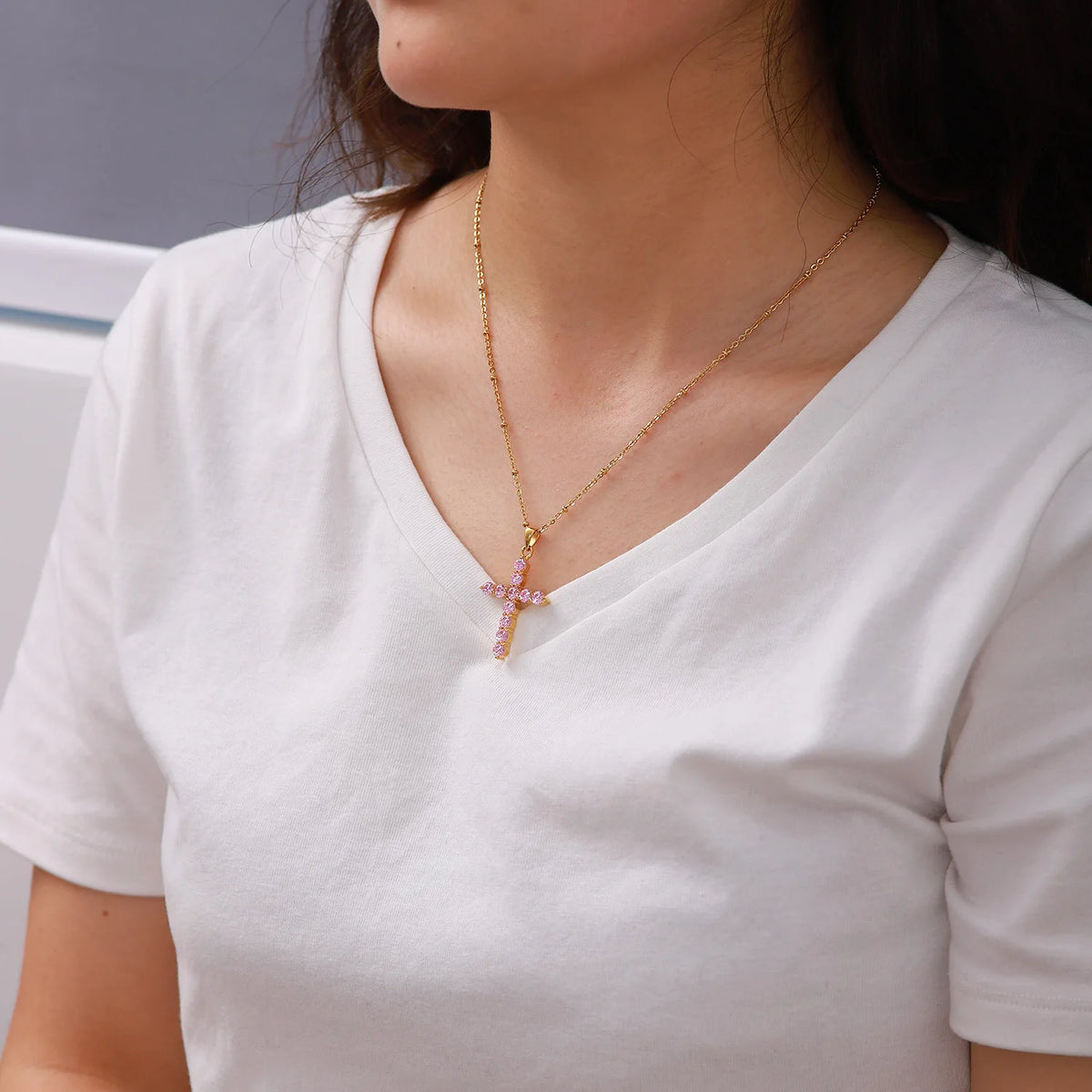 Kika Delicate Shiny Cubic Zirconia 316L Cross Pendant Necklace