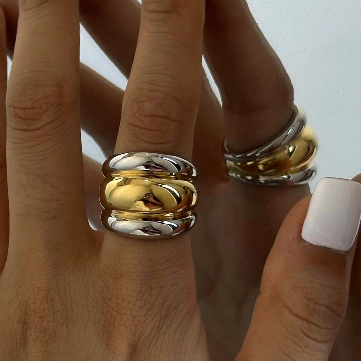 Kika Stainless Steel Layered Metal Texture Ring Occident Simple Silver Gold Mixed Finger for Women Jewelry кольцо женское