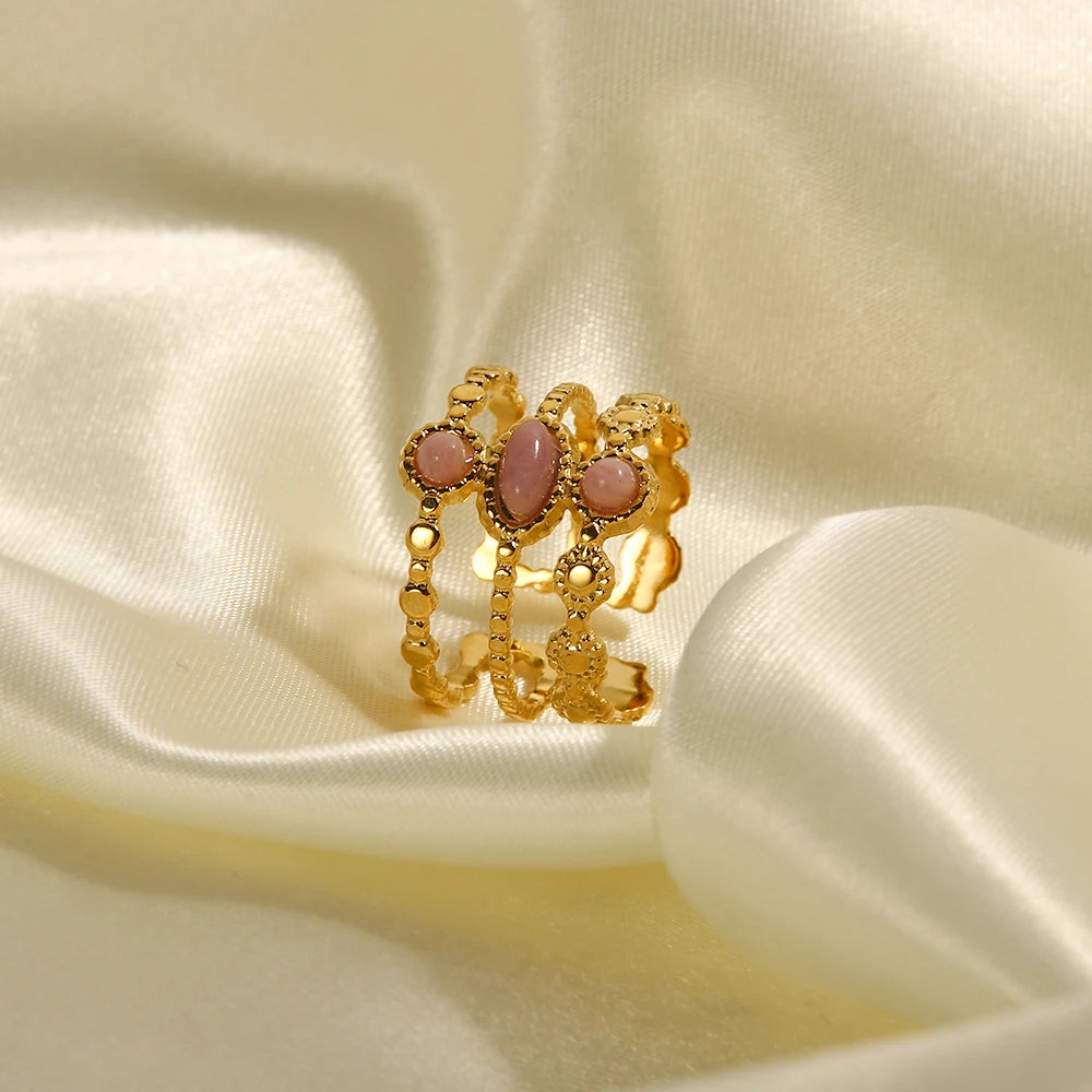 Kika Stainless Steel Gold Plated Three-row Pink Stone Ring