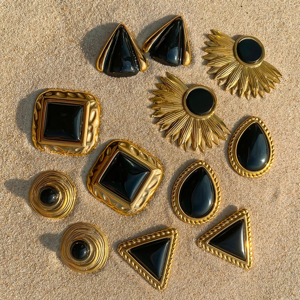 Black Stone Earrings Statement Golden Metal