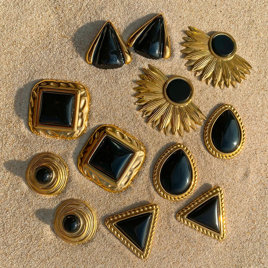 Black Stone Earrings Statement Golden Metal