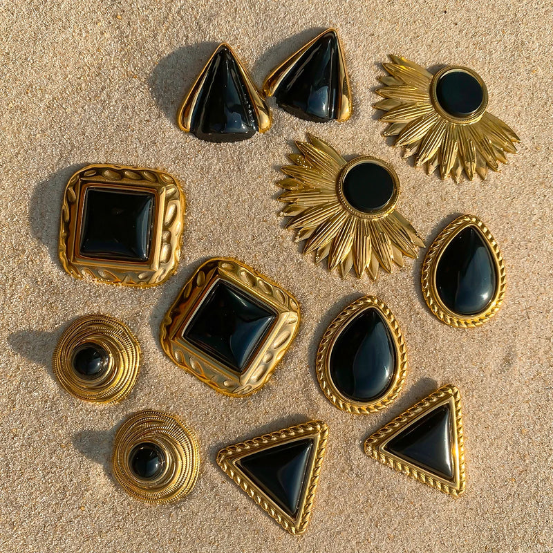 Black Stone Earrings Statement Golden Metal