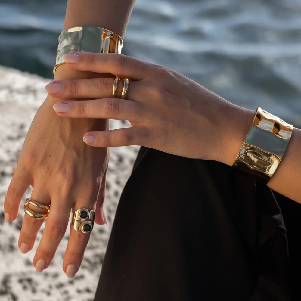 KIKA Stylish Unique Design Stainless Steel Metal Textured Cuff Bracelet Bangle Texture Rust Proof 18K PVD Plated Jewelry
