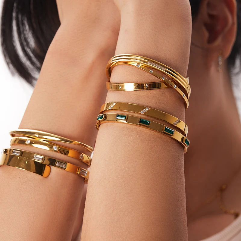 KIKA Simple Statement 18k Gold Color Cuff bracelet Stainless Steel Jewelry Waterproof Opening Cubic Zirconia Bangles For Women