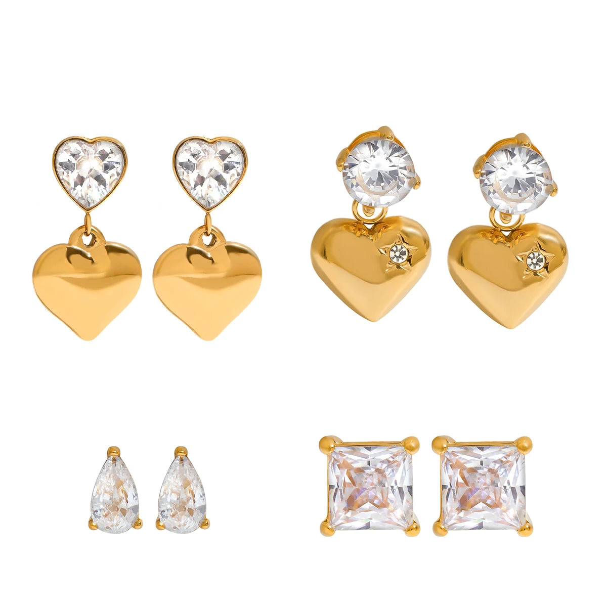 KIKA Bling Cubic Zirconia White Zircon Stud Earrings 18K Gold PVD Plated Stainless Steel 316L