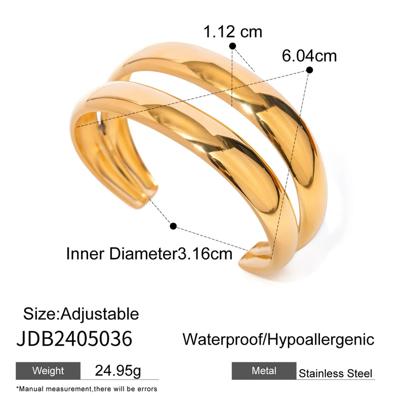 KIKA Stainless Steel Statement Gold Color Cuff Bracelet Bangle Metal Texture Multi-Layer Temperament Fashion Waterproof Jewelr