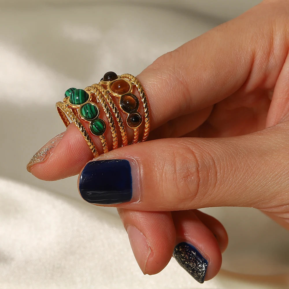 Kika Vintage 18K Gold Malachite Statement Open Ring WaterProof 18k PVD Gold Plated Stainless Steel bague femme acier inoxydabl