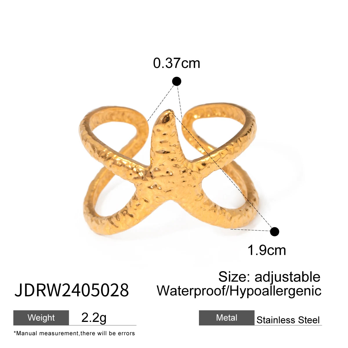 KIKA  Vacation Ocean Wind 18K Gold Color Plated Stainless Steel 316L Hollow Shell Ring Starfish Coral Stackable Ring