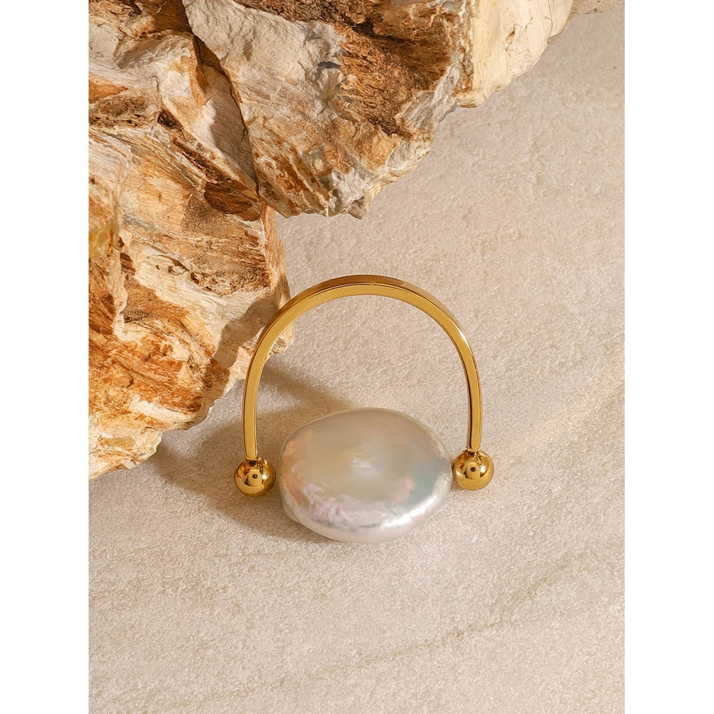 KIKA Imitation Pearls Ring Jewelry Stainless Steel 316L Golden Geometric New Finger Ring for Women
