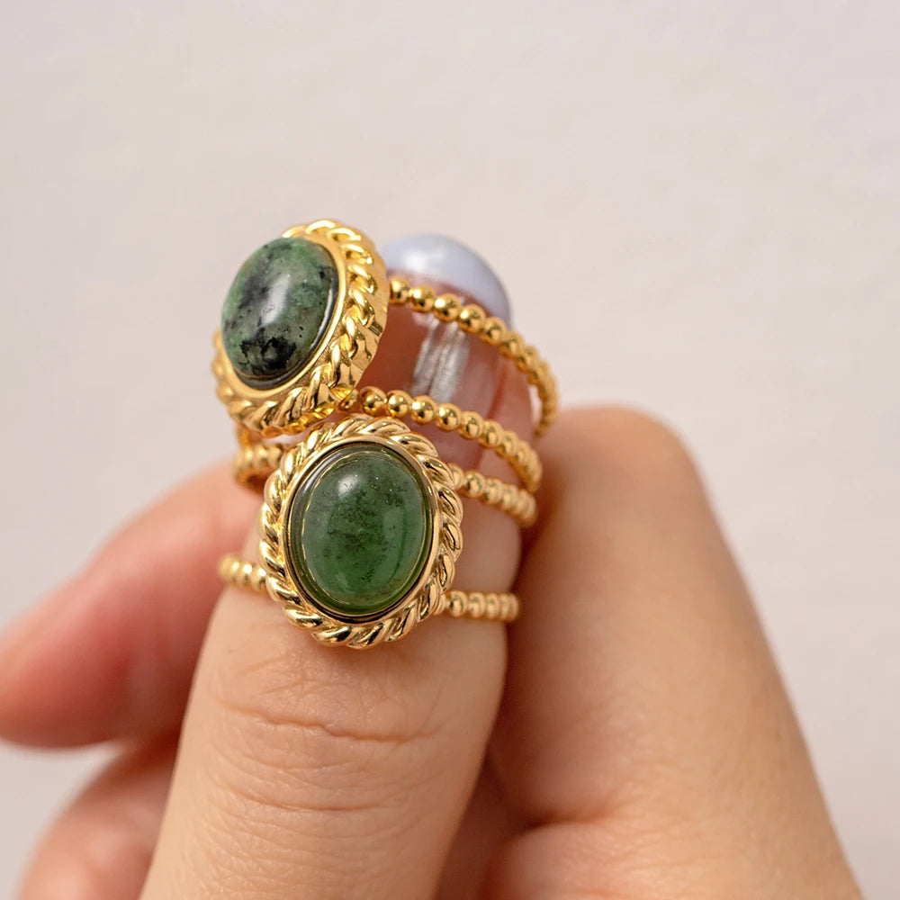 Kika Natural Stone Stainless Steel Gold Color Layered Hollow Open Ring Trendy Fashion France Chic Jewelry Envio Gratis Todo