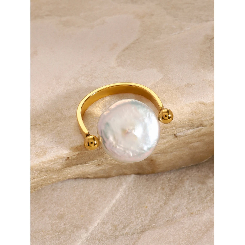 KIKA Imitation Pearls Ring Jewelry Stainless Steel 316L Golden Geometric New Finger Ring for Women