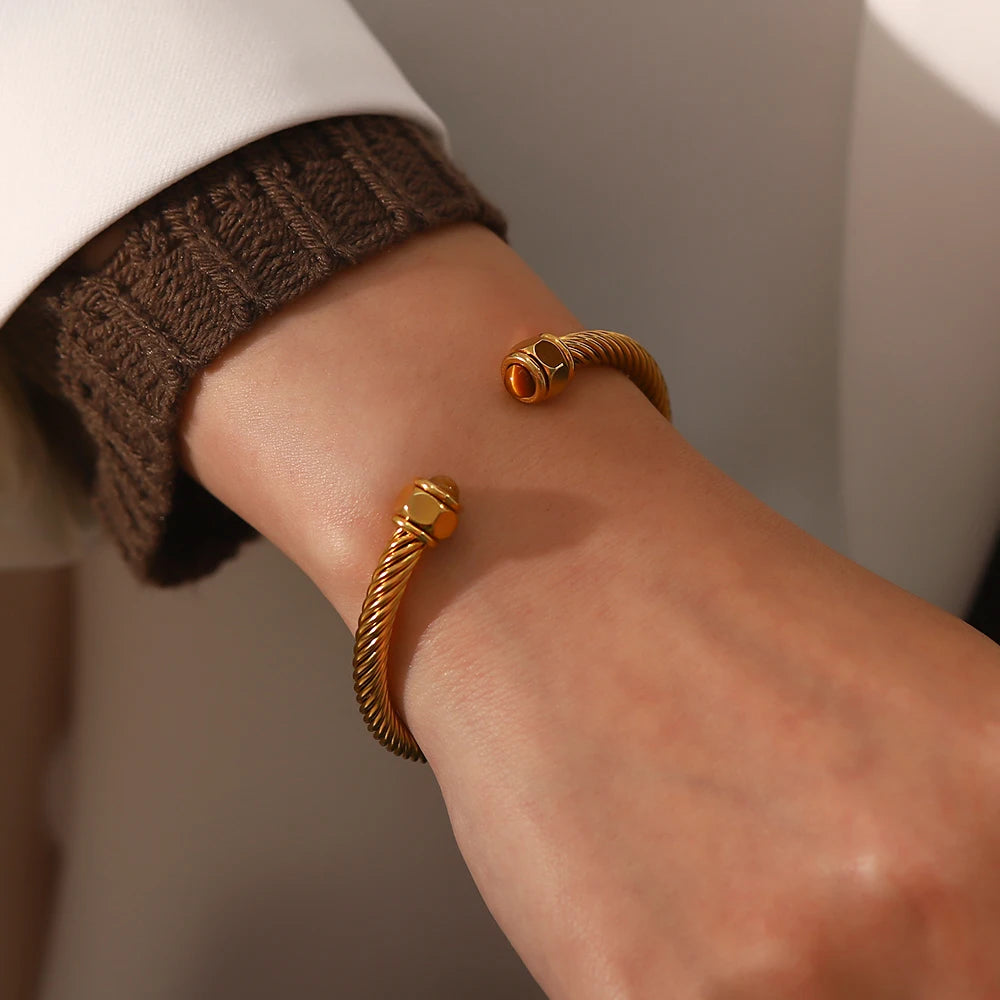 kika New Trendy18k Gold Plated Stainless Steel Jewelry Nature Stone Twist Pave Opening Bangles
