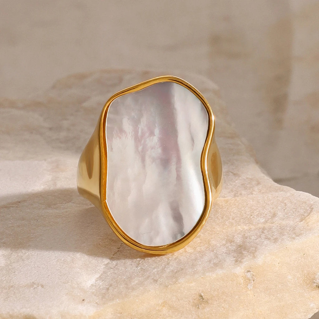 Kika Occident Irregular Natural Shell Vintage Rings for Women Stainless Steel Temperament Exaggeration Metal Ring Jewelry Gift