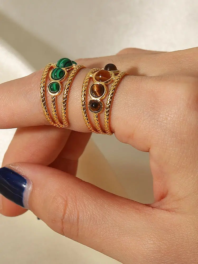 Kika Vintage 18K Gold Malachite Statement Open Ring WaterProof 18k PVD Gold Plated Stainless Steel bague femme acier inoxydabl