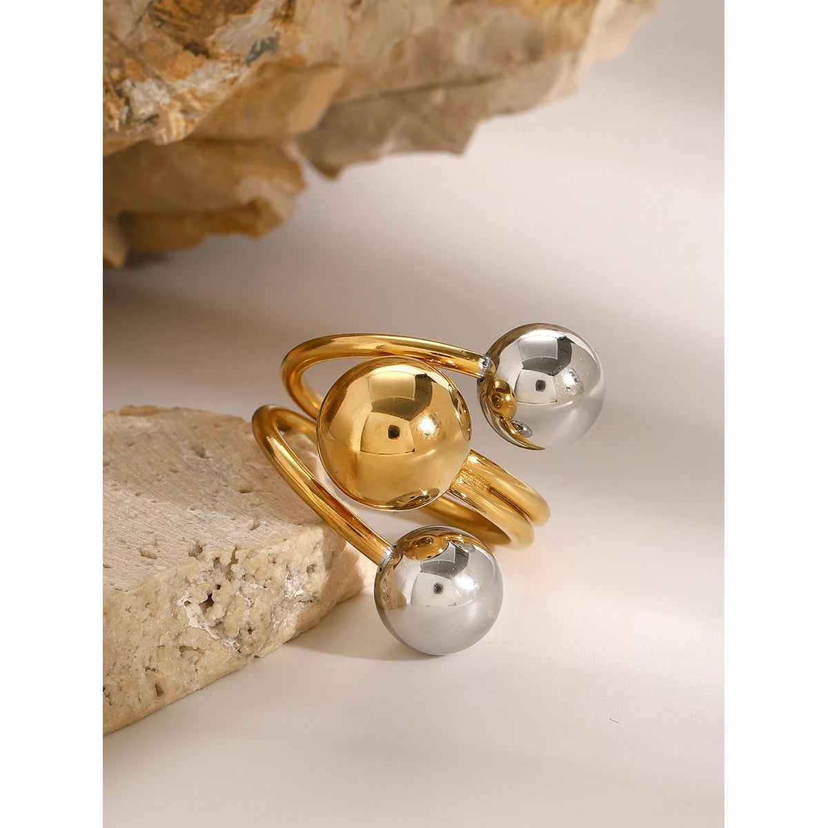 Kika Stainless Steel Ball Adjustable Ring Statement Golden Metal Trendy Finger Ring