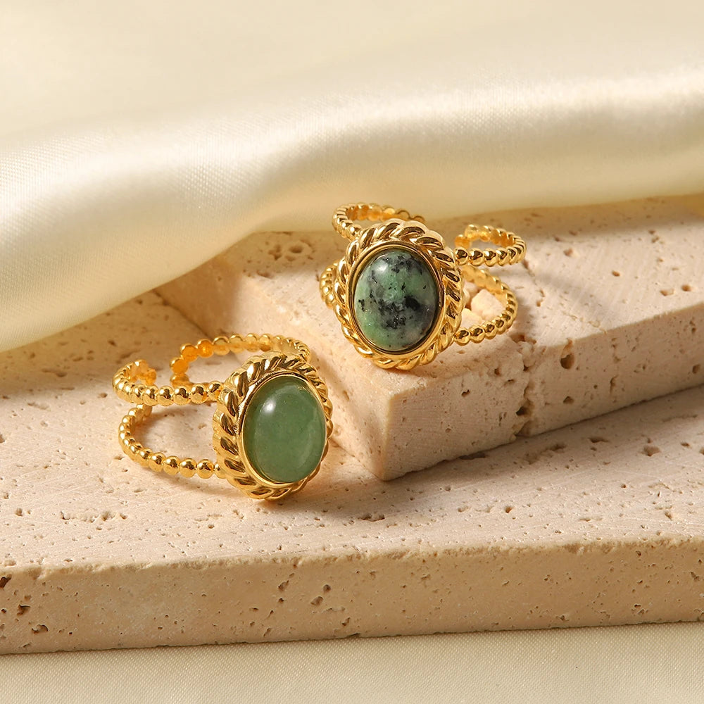 Kika Natural Stone African Turquoise Agate Rope Sun 18K Gold Plated Stainless Steel Opening Rings Anillos Acero Inoxidable